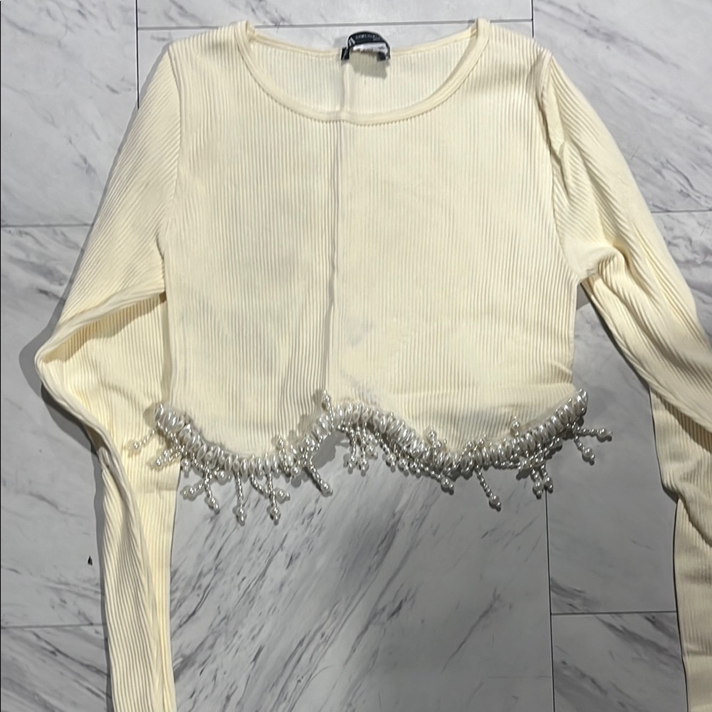 Zara Cream Crop Blouse with Embellished Fringe